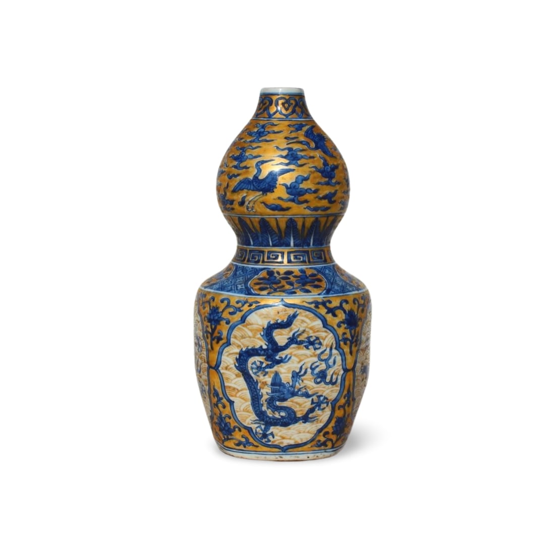 A Blue and Gold Double Gourd Dragon Vase: A Blue and Gold Double Gourd Dragon Vase. Dimension: 6.25" x 13".