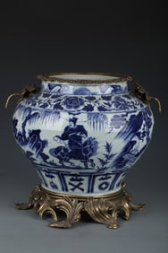 A Blue and White Jar with Bronze Accents