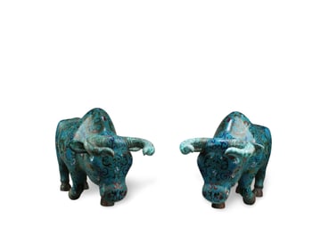 A Pair of Chinese Cloisonne Bull Statues