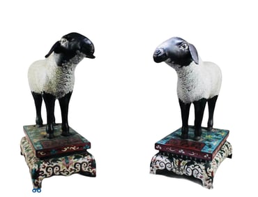 A Pair of Chinese Cloisonne Sheep Statues