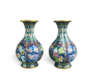Antique Pair of 'Pumpkin-shaped' Cloisonne Vases