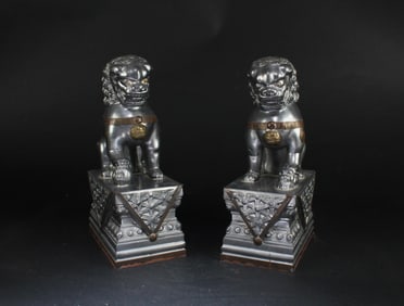 A Pair of Pewter Foo Lion Display