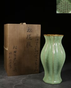 A Green Glazed Octagonal Ru Ware Vase With Silver-Mounted Rim