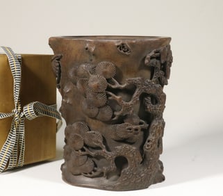 An Agarwood Carved Brushpot With Pine And Crane Motif