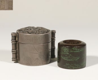 An Agarwood Thumb Ring With Landscape And Poetry Design In Silver Box