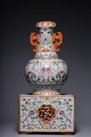 A Fencai Vase With Lotus And Double Ears