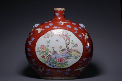 A Fencai Flattened Vase With Floral Panel Design