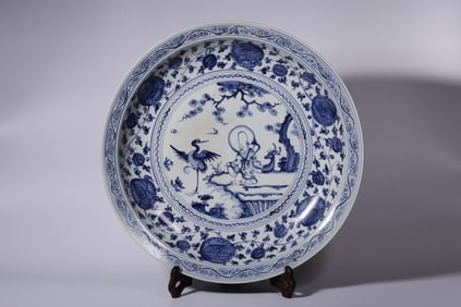 A Blue And White Plate With Crane And Longevity Motif