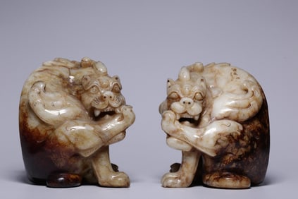 A Pair Of Archaic Jade Paperweights With Beast Motif