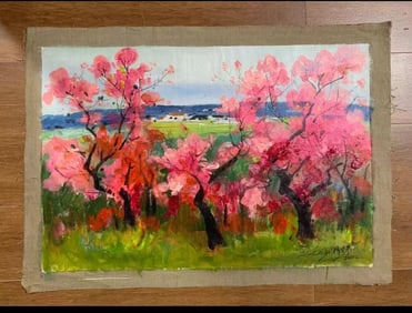 A Canvas Oil Painting "Peach Blossom Spring" Attributed To Zhou Chunya