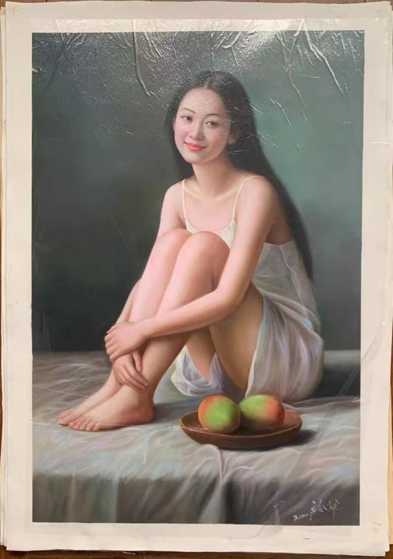 A Canvas Oil Painting "Girl" Attributed To Leng Jun: A Canvas Oil Painting "Girl" Attributed To Leng Jun . Dimensions: 27.56in x 35.43in.
