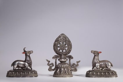 A Set of Gilt Silver Dharma Wheel Ritual Objects