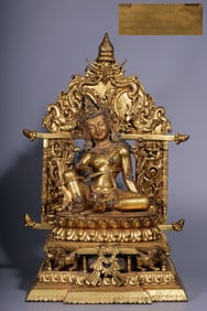 A Gilt Bronze Inlaid Turquoise Guanyin Statue