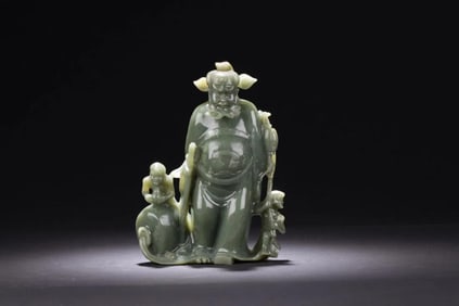 Chinese Spinach Green Carved Zhongkui Statue