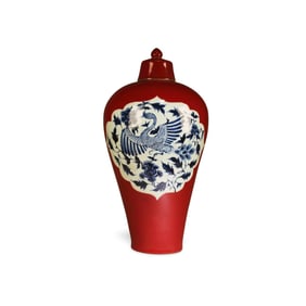 A Blue, White, and Red Vase with Lid