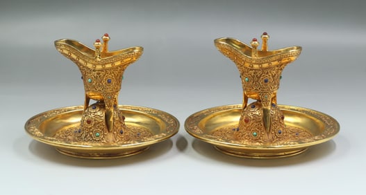 Bronze Gilt Inlay Gem Flower Pattern Wine Cup Set