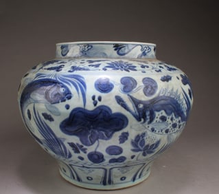 Chinese Carp Blue & White Porcelain Jar