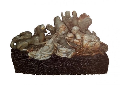 A Monk, Boy, and Dog Jade Statute Ornament