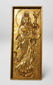 A Large Gold Leaf Paste Wooden Guanyin Plaque