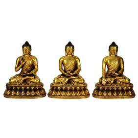 Three Sino-Tibetan Gilt Bronze Trinity Buddhas