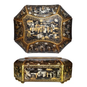 A Large Gilt Lacquer Hand Painted Octagonal Box