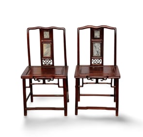APair of Chinese Hardwood Chairs with Marble Inlay