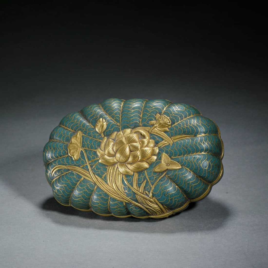 Cloisonne Enamel Melon-Shape Covered Box: Cloisonne Enamel Melon-Shape Covered Box. Length: 7.28" Width: 4.92" Height: 2.56"