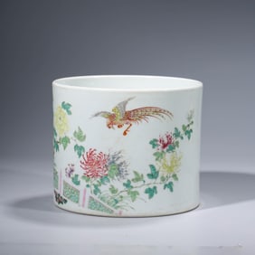 Famille Rose Flower and Bird Brush Pot