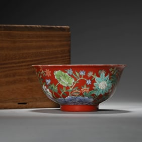 Coral-Red Glaze Famille Rose Flower Bowl