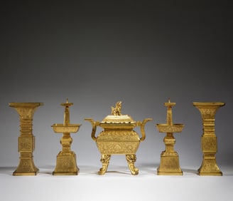 Set of Gilt-Bronze Five-Piece Altar Garnitures