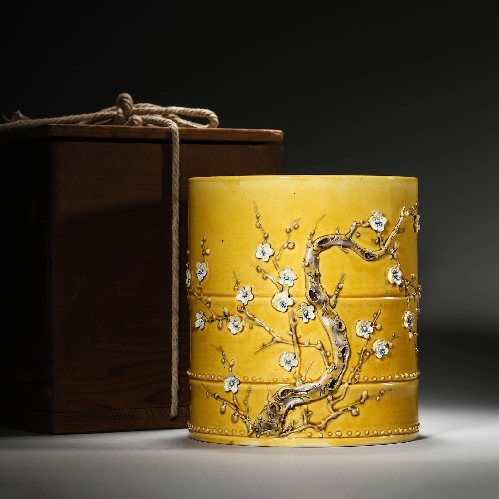 Yellow-Ground Carved Brushpot: Yellow-Ground Carved Brushpot . Diameter: 5.71" Height:6.30"