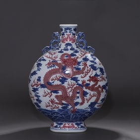 Iron-Red and Underglaze Blue Dragon Group Double-Eared Vase