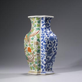 Blue and White Famille Rose Dragon and Phoenix Conjoined Double-vase