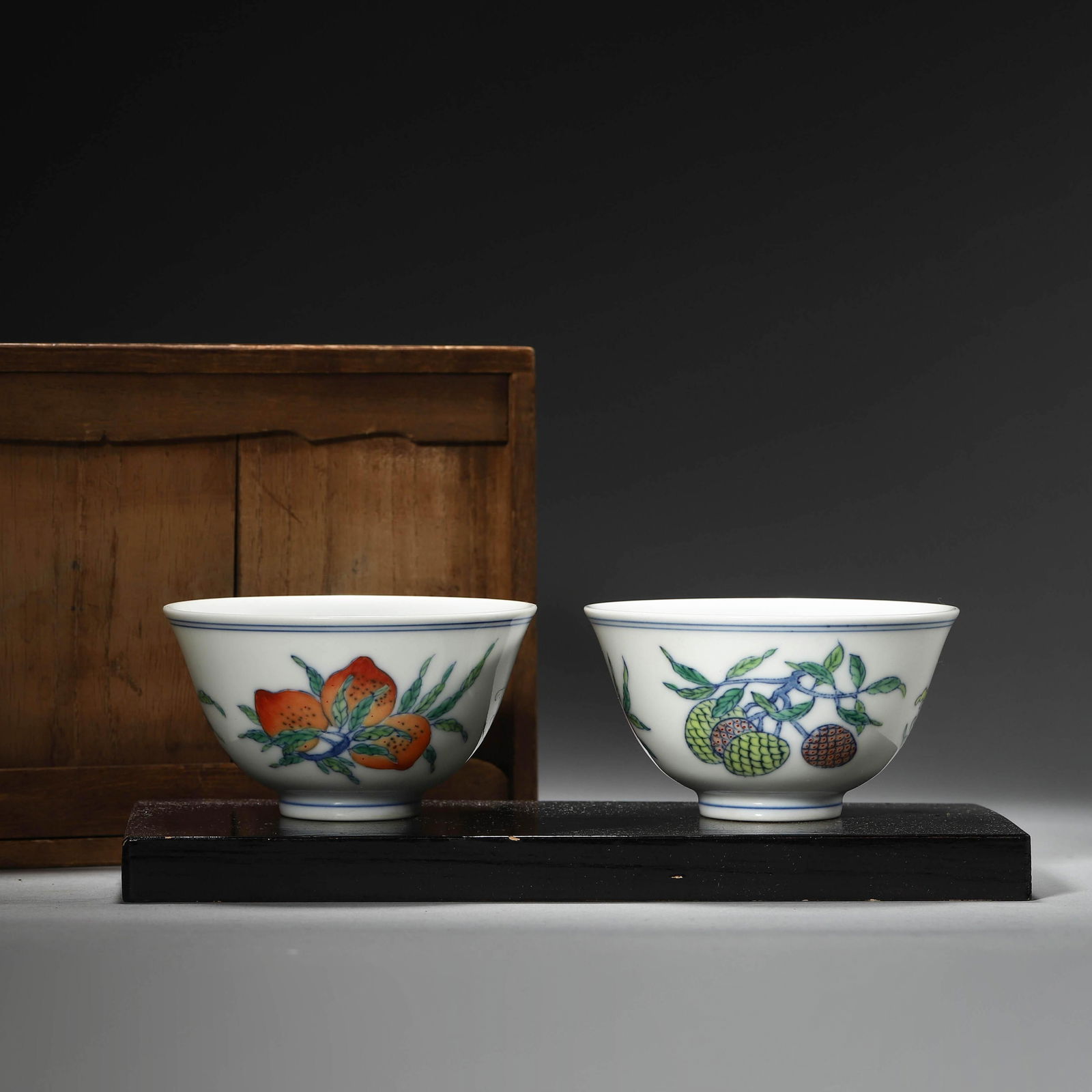 Pair of Small Doucai Glaze Sanduo Cups: Pair of Small Doucai Glaze Sanduo Cups. Diameter: 3.27" Height:1.81"