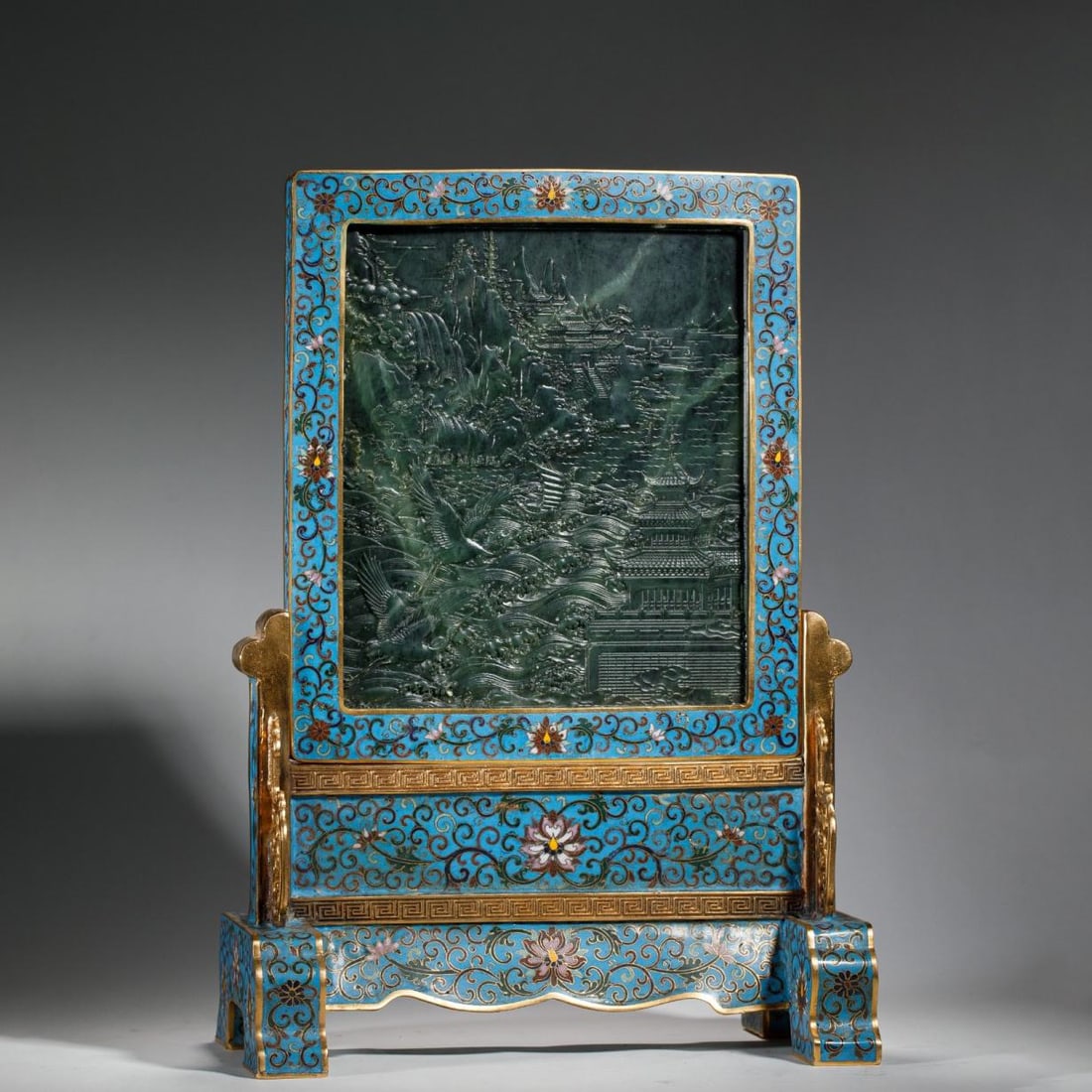 Cloisonné enamel inlaid with jade tabletop screen: Cloisonné enamel inlaid with jade tabletop screen. Length:10.83" Width:5.71" Height:15.55"