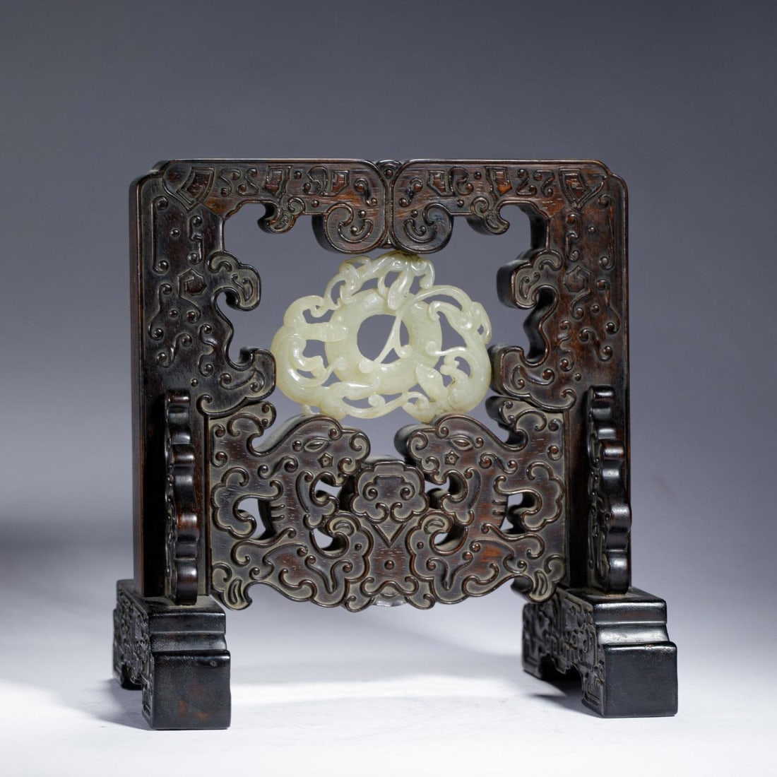 A Zitan Wood Table Screen Inlaid with Jade: A Zitan Wood Table Screen Inlaid with Jade. Length:7.28" Width:5.12" Height:7.80"