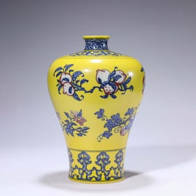 Yellow-Ground Underglazed-Blue and Copper-Red Glaze Sanduo Meiping Vase
