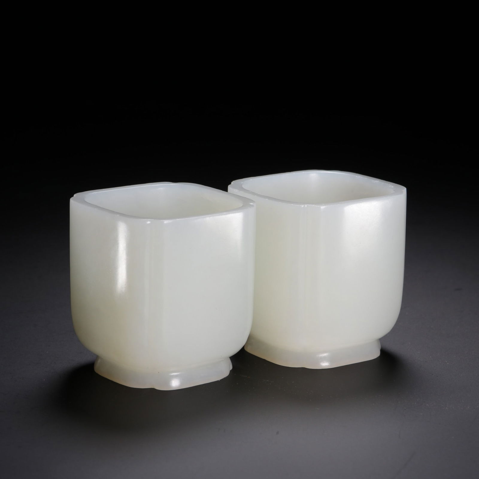 A Pair of Hetian Jade Square Cups: A Pair of Hetian Jade Square Cups. Dimensions: 1.93in x 1.77in.