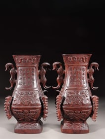 A Pair of Boxwood Dragon Vases