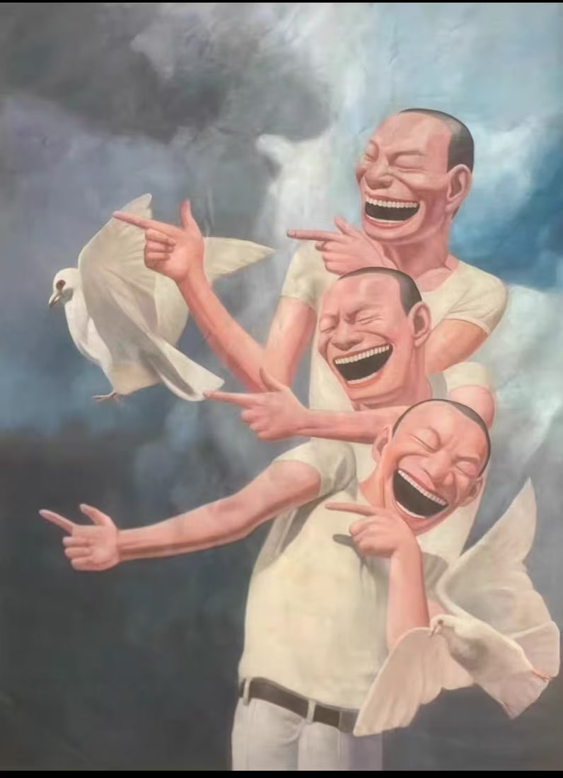 An Oil Painting Attributed to Yue Minjun: An Oil Painting Attributed to Yue Minjun. Dimensions: 78.74in x 55.12in.