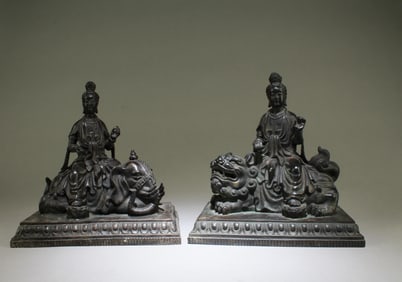A Pair of Bronze Guanyin Seated