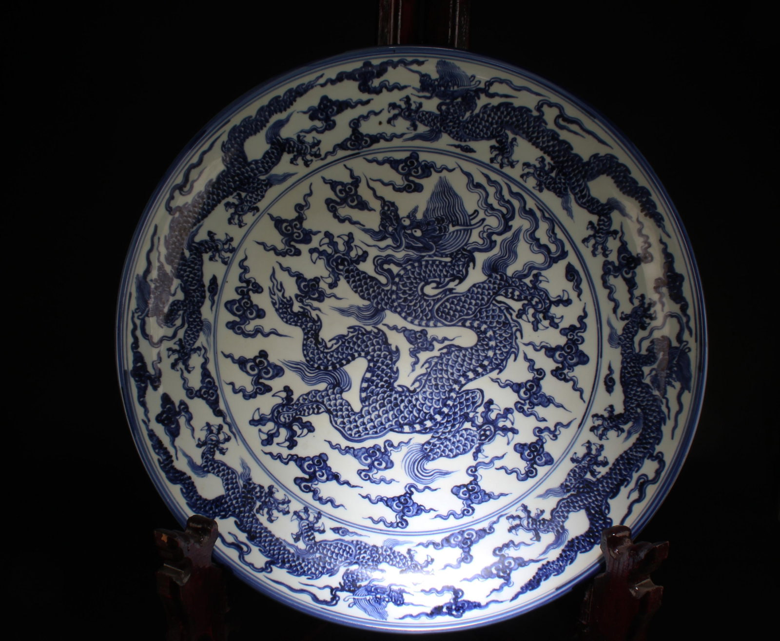 A Massive Blue & White Porcelain Charger: A Massive Blue & White Porcelain Charger. 'XuanDe' mark. Diameter: 23.75"