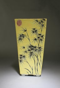 A Famille Jaune Planter w/ Bamboo Trees