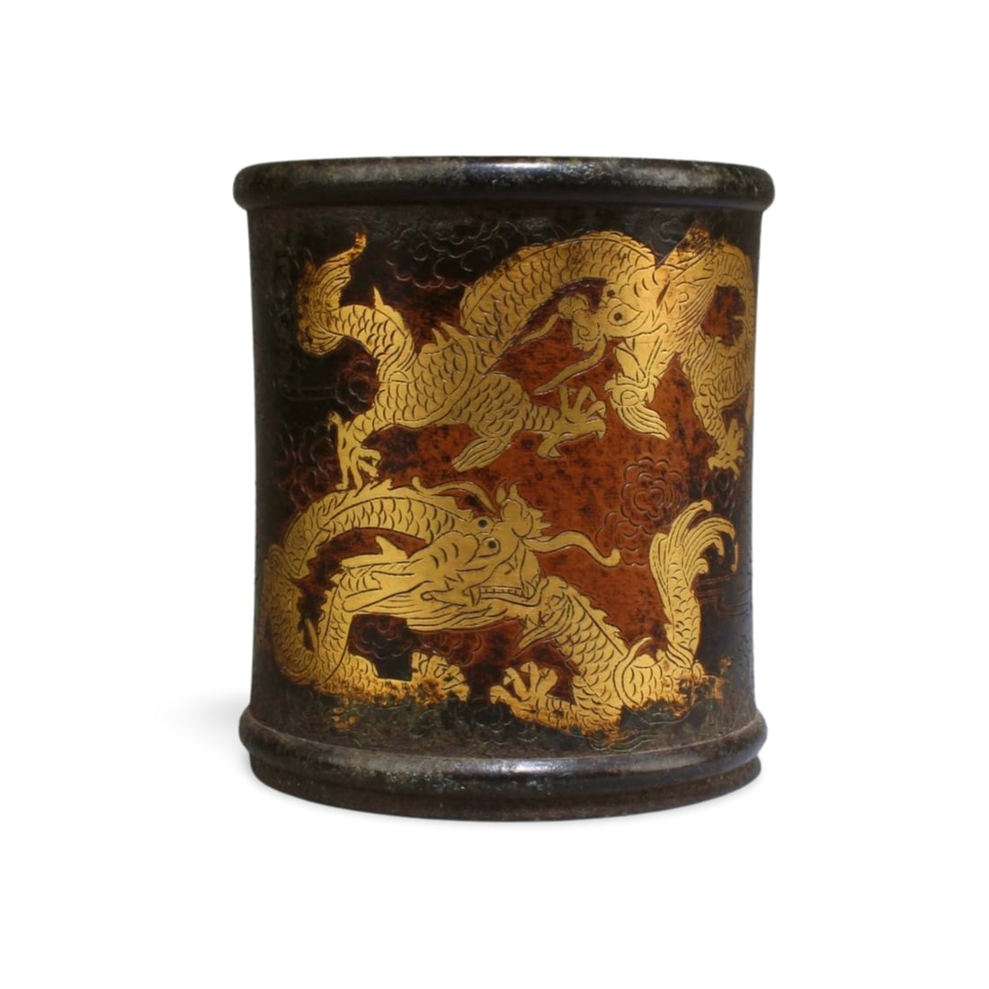 A Gilt Bronze Brushpot: A Gilt Bronze Brushpot. Seal mark at base. Height: 4.75" Diameter: 4.3"