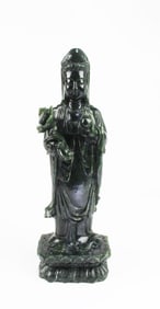 Chinese Carved Spinach Jade Guanyin Statue