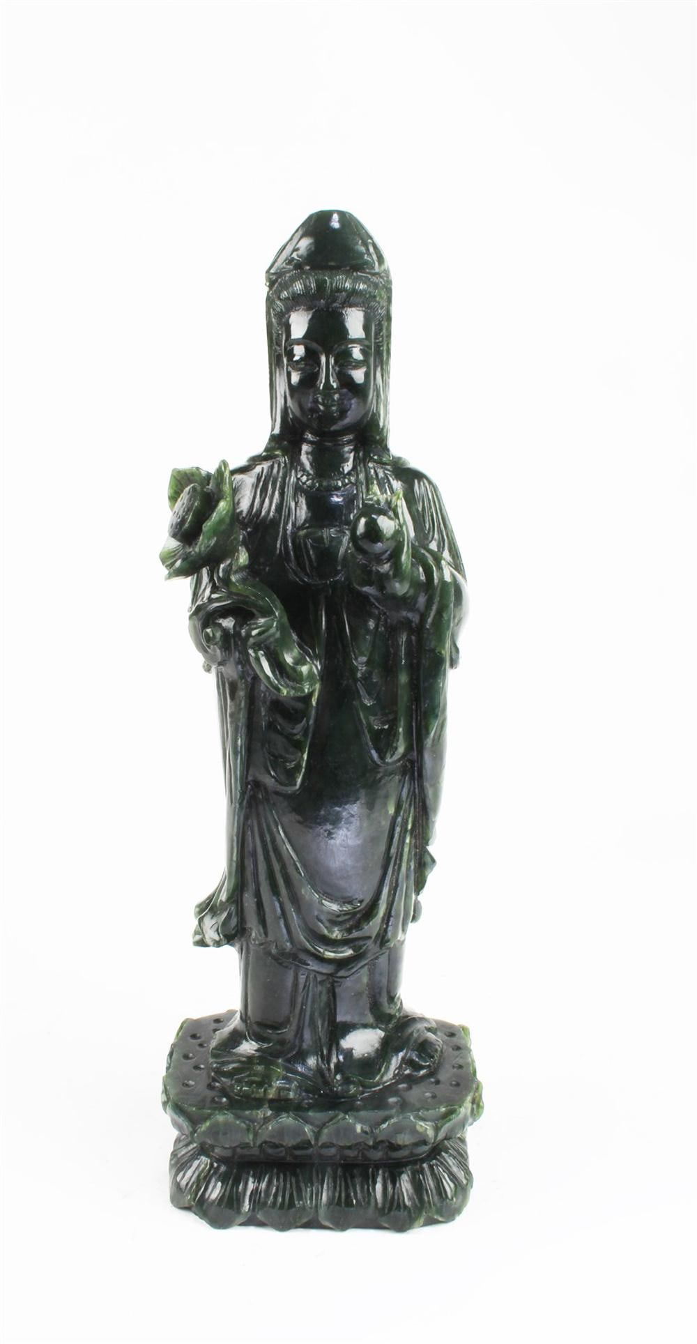 Chinese Carved Spinach Jade Guanyin Statue: Chinese Carved Spinach Jade Standing Guanyin Statue. Height: 11.5"