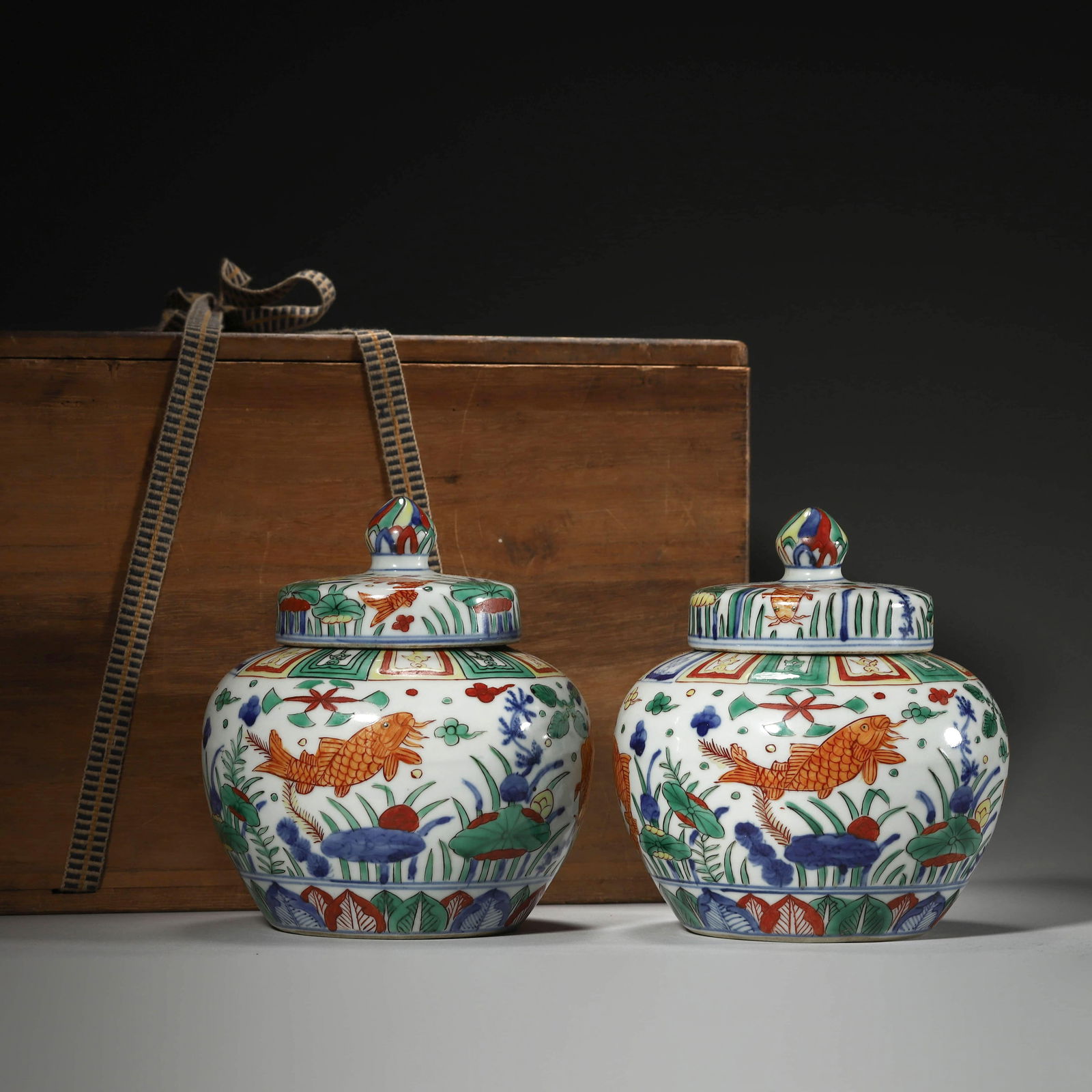 Pair of Wucai Glaze Carp and Algae Jars (1 of 8)