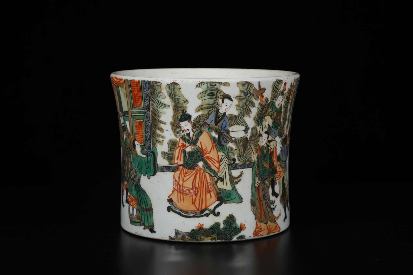 Figure Story Porcelain Brushpot: A Porcelain Brushpot. 'QianLong' mark at base. Diameter: 7.75" Height: 6.5"