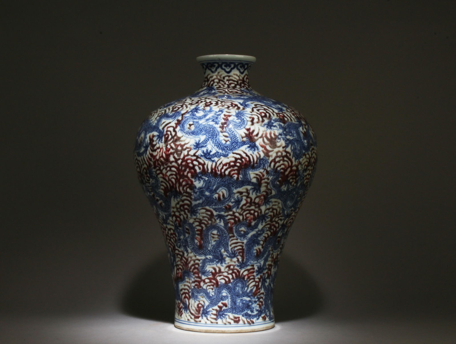 A Blue and Underglazed Red Meiping Vase: A Blue and Underglazed Red Meiping Vase. Dimensions: 16" x 10.5".