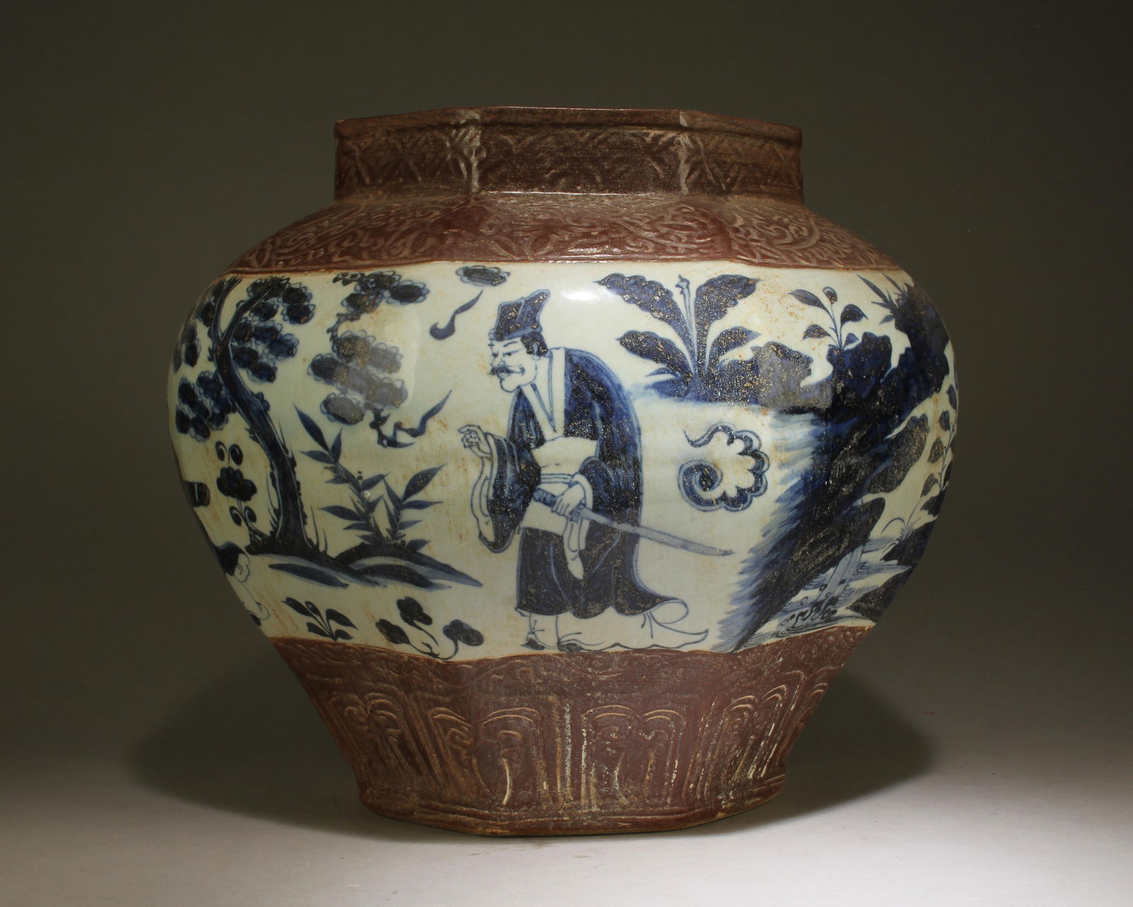 A Blue and White Jar with Figure Motif: A Blue and White Jar with Figure Motif. Dimensions: 12.5" x 13".